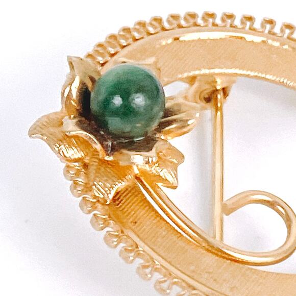 VTG Signed A&Z Brooch Gold Filled Green Jade Gemstone Circle Floral Mid Century - Picture 6 of 14